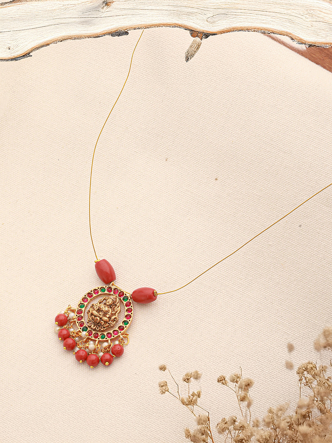 Gold Plated Coral Beaded Temple  Lakshmiji Minimal Invisible Necklace & Chain
